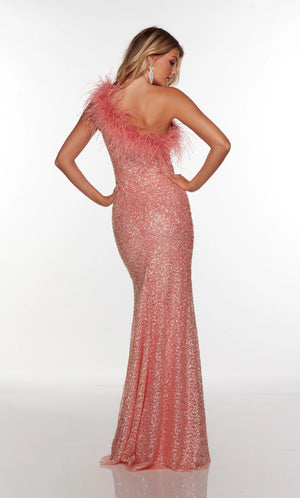 This Alyce Paris 61369 coral prom dress features a slim silhouette in sequin mesh, accented with ostrich feathers along the one-shoulder neckline.