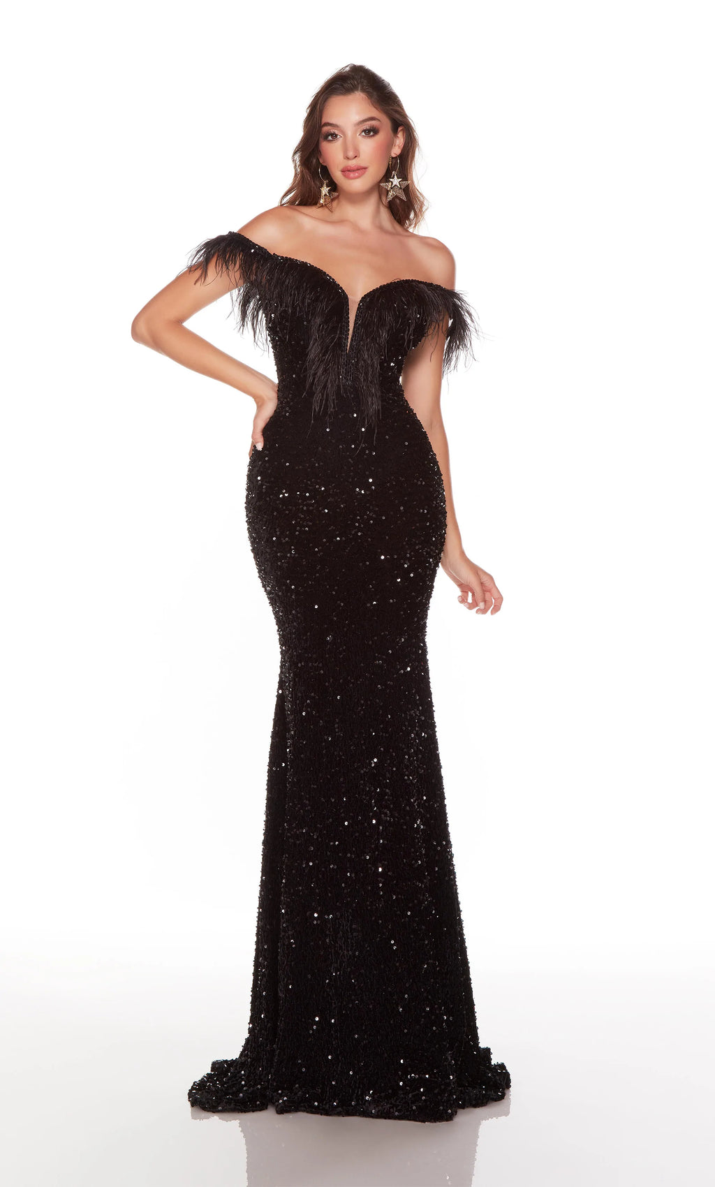 This Alyce Paris 61373 black long party dress is crafted in plush sequins, with ostrich feathers and beaded trims along the plunging off-the-shoulder neckline. This sparkly slim prom gown exits with a semi-open back and a sweep train.