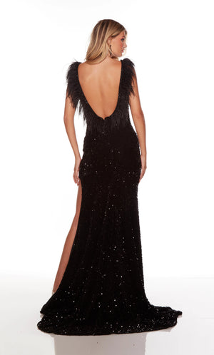 This Alyce Paris 61374 black prom dress is styled in plush sequins, with ostrich feathers and beaded trims along the plunging neckline and the open scoop back. A cutaway slit accents this sparkly slim formal gown, finished with a sweep train.