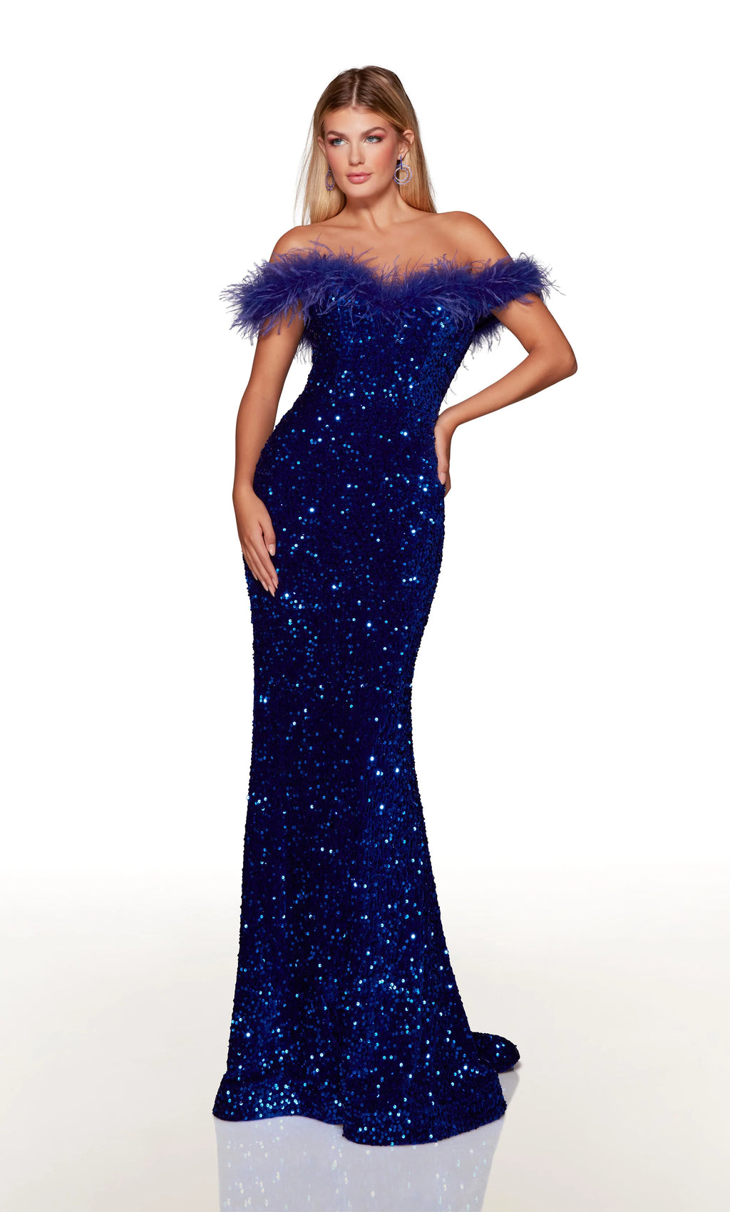 Strike a pose in fabulous style 61379 by Alyce Paris. The off the shoulder sweetheart neckline is complimented by soft feathers that pair perfectly with the fully beaded sequin silhouette that will have you shining effortlessly throughout the night. This dress is completed with a luxurious sweep train.