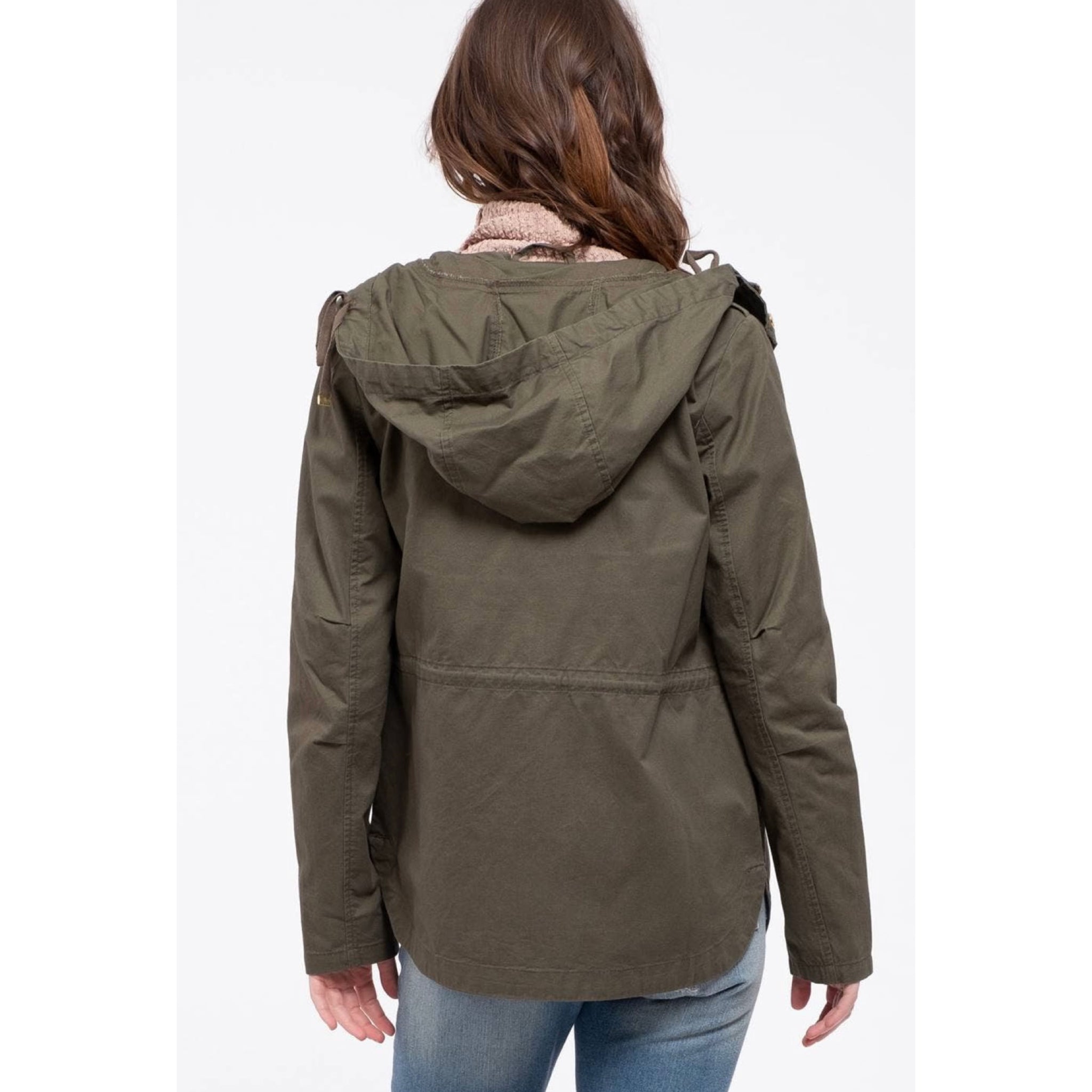 Hooded jacket, zip up closure with snap buttons, drawstring at waist, and front pockets with snap buttons.