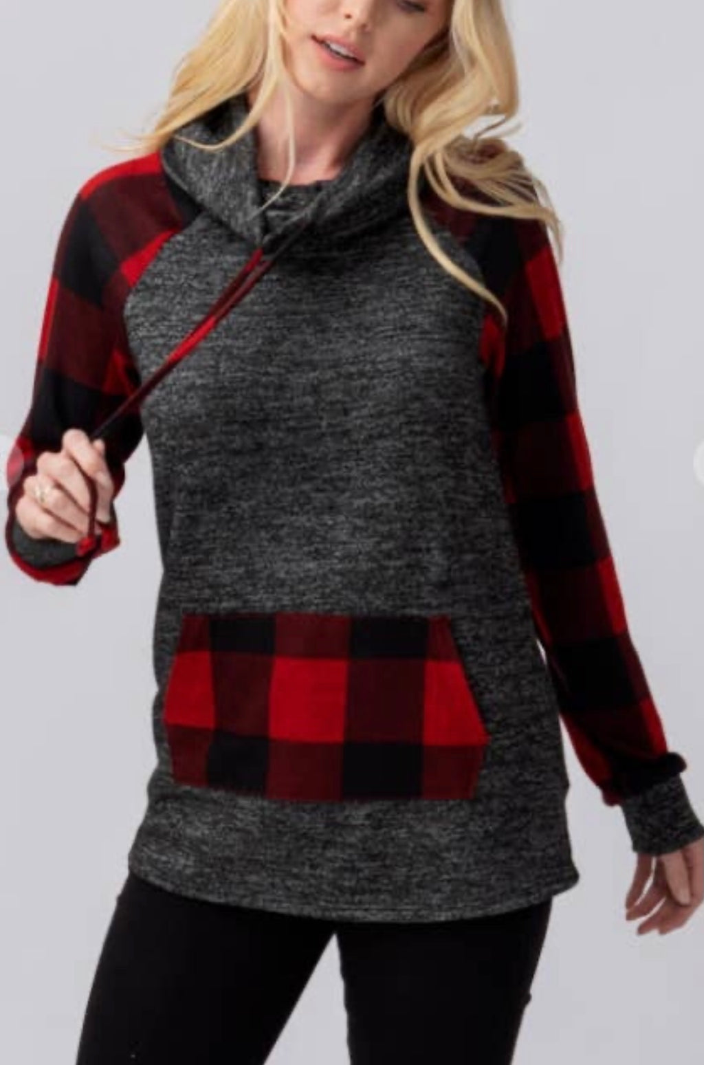Pullover cowl neck hoodie with drawstring.   The Buffalo plaid adds the prefect splash of Winter to this cute cowl neck!