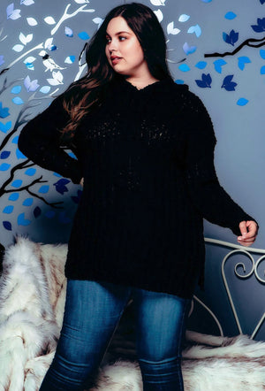 Plus size ribboned knit tunic hoodie sweater with drawstring.  Cozy and stylish! Dress it up or dress it down!  Goes with everything!