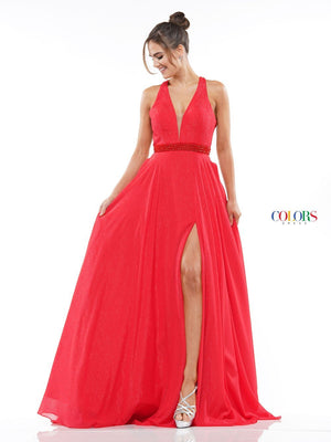 Deep V neck halter with glitter chiffon gown & a high leg slit and a low open back.  Sizes: 0-16  Available in Black, Red, Royal  If we do not have your desired size or color in stock please call or email us for availability!