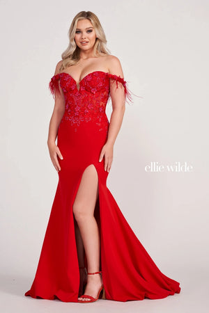 This Ellie Wilde EW34028 red formal gown features a semi-sheer bodice with a plunging sweetheart neckline, off-the-shoulder feather sleeves and a mid-rise back. Embroidered appliques, sparkling stones and 3D flowers embellish the bodice of this fit and flare prom dress, finished with a solid crepe skirt with a thigh-high slit and court train.