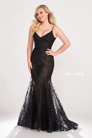 Have the time of your life in the astonishing Ellie Wilde style EW34030. The breathtaking fitted dress features a slight v neckline paired with a corset lace back to cinch in the waist beautifully. Headlining the delicate embroidery that decorated the bodice and impressively trickles down and its meticulously placed all along the skirt.