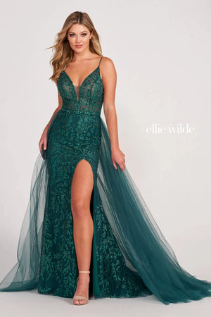 Ellie Wilde EW34058 is a gorgeous cracked ice fitted jersey dress illusion bodice and leg slit.  Comes with detachable overlay