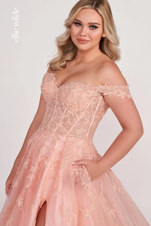 This Ellie Wilde EW34081 light peach prom dress features a semi-sheer corset bodice with an off-the-shoulder sweetheart neckline and an open laced-up back. This A-line formal gown is crafted in glitter tulle with beaded floral appliques, finished with a thigh-high slit, side pockets, horsehair hem, and semi-chapel train.