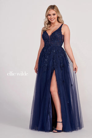  long party dress features a sleeveless A-line silhouette in glitter tulle, with a deep plunging neckline and an open V-back. Beaded lace appliques and 3D flowers richly embellished this pretty prom gown, finished with sheer side insets and a thigh-high slit.